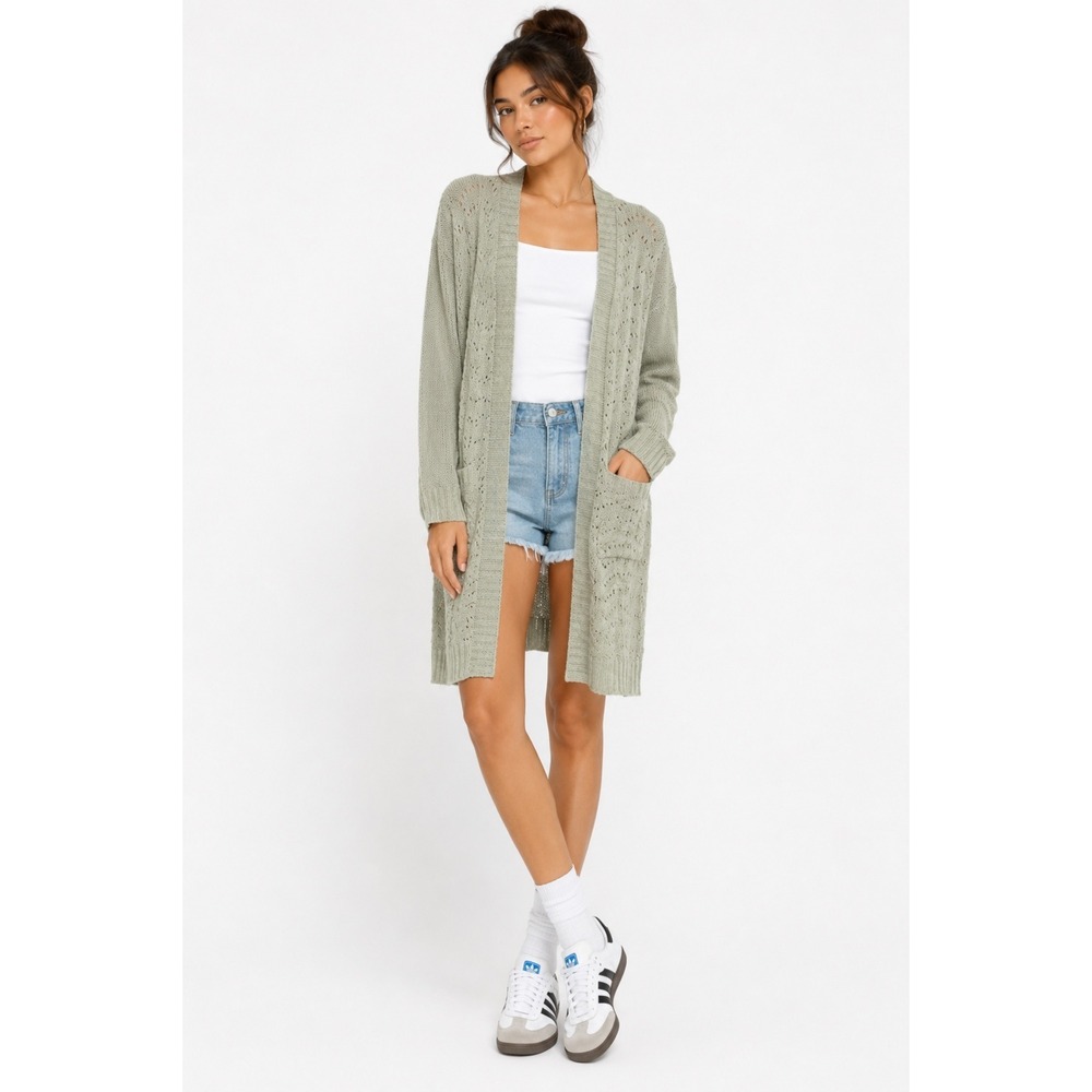 Hippie Rose Cardigan Women Size S Sage Green Pointelle Knit Longline Duster Boho